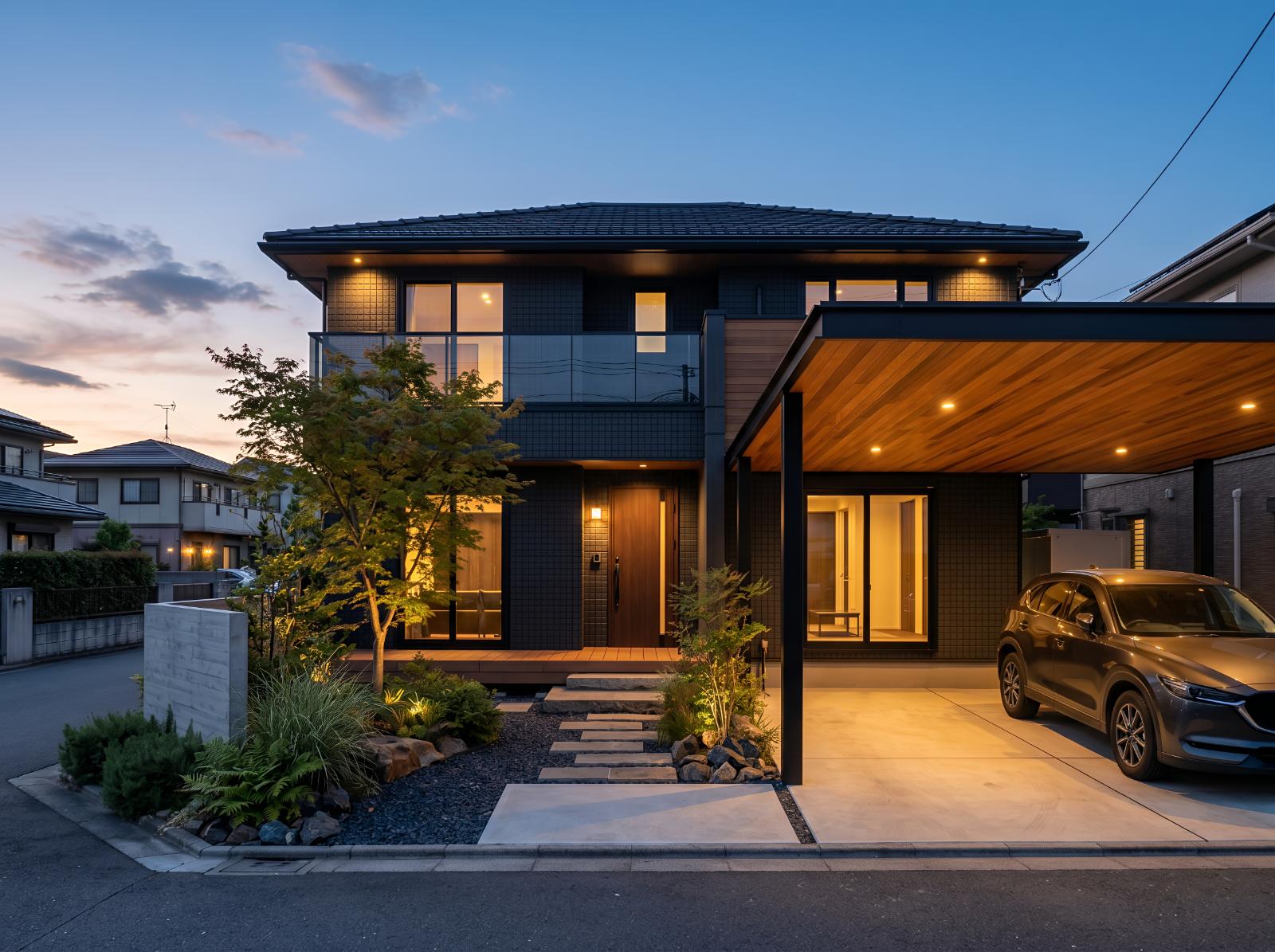 夕暮れ、あたたかな灯りがともる戸建て住宅と木質のカーポート